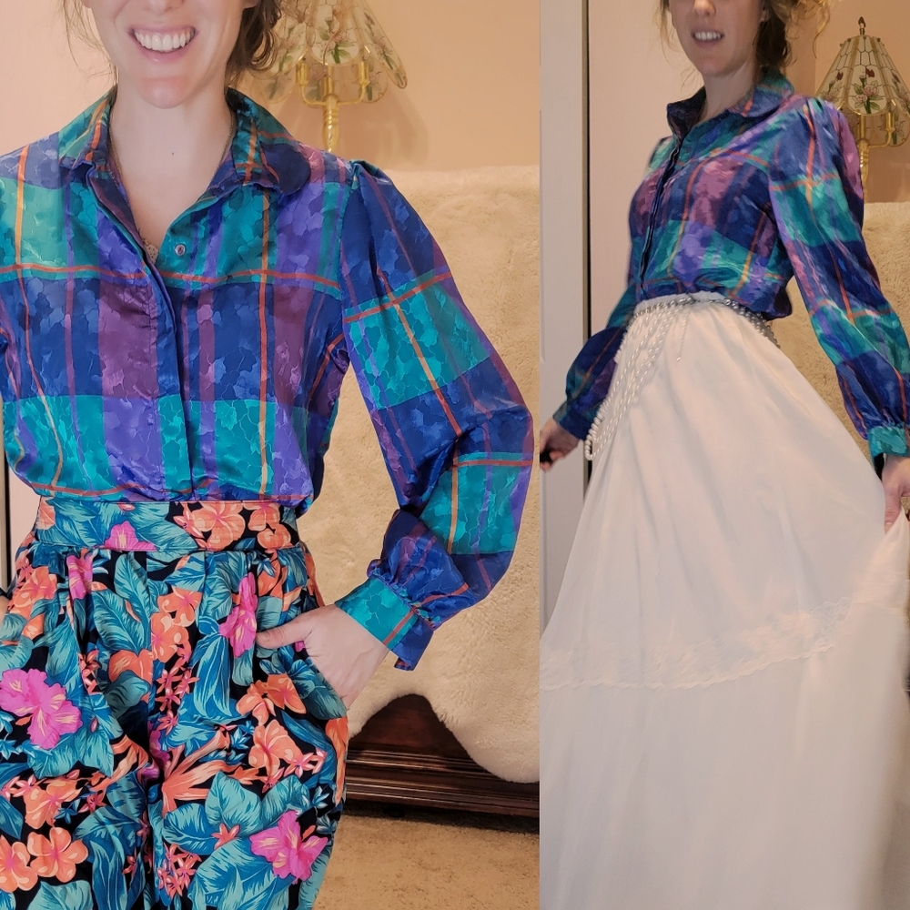 **Vintage Blue and Purple Plaid Button Down Blouse** - Picture 4 of 15